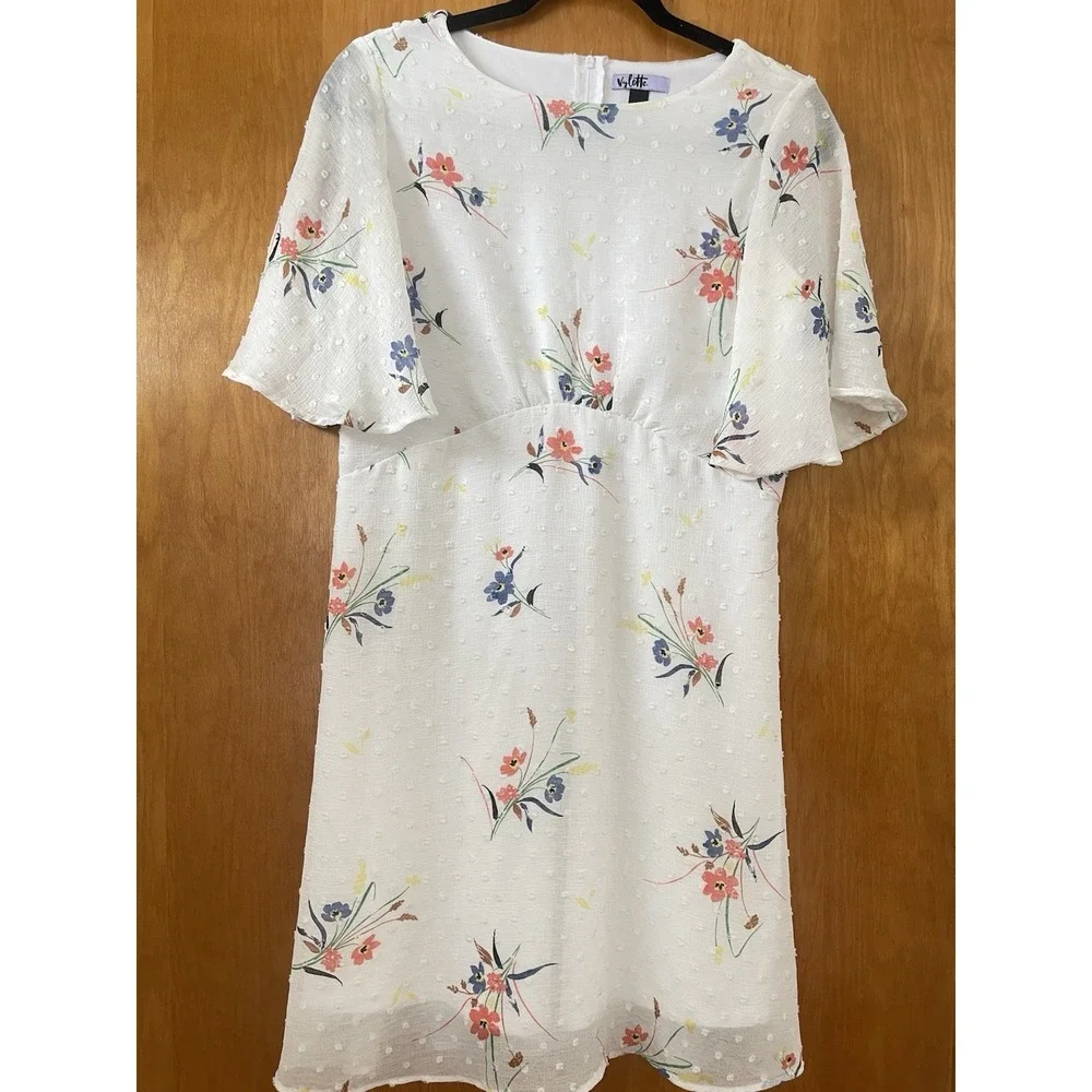 Violet‎ Women's Floral Swiss Dot Dress Ivory Multicolor Short Sleeve Size L - Picture 2 of 4